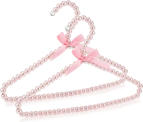 Vista 12 de Threan Rosa 12 piezas de perchas de ropa con cuentas de perlas mini con cuentas de perlas pequeñas de metal con cinta, estándar para niños, bebés