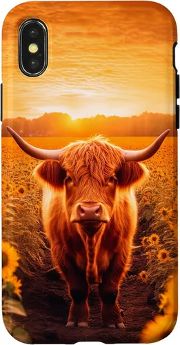 Vista 5 de iPhone 12 mini Estética Scottish Highland Cow In Sunflower Field Sunset Case