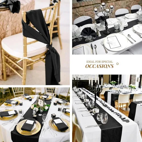 Vista 7 de Paquete de 24 caminos de mesa de satén negro de 12 x 72 pulgadas de largo, seda brillante, tela suave, dorada, para fiesta, boda, recepción