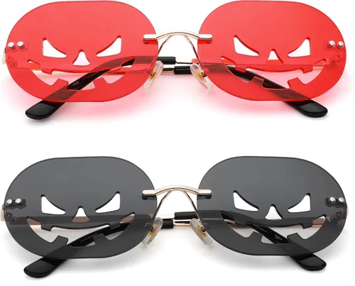 Vista 3 de Gafas de sol en forma de calabaza para mujeres y hombres, divertidas gafas de Halloween sin montura ovaladas lindas gafas de fiesta - rojo + negro