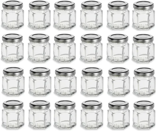 Vista 4 de Nakpunar 24 tarros hexagonales de vidrio de 1.5 oz con tapas negras - 1.5 fl oz