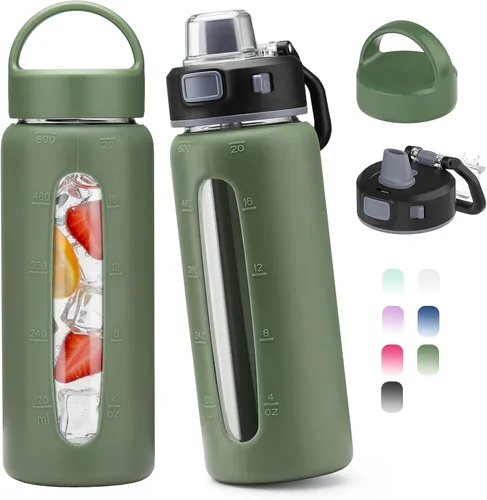 Vista 27 de Kodrine - Botella de agua de vidrio de 20 onzas con popote y 2 tapas para fácil transporte, con asa, funda de silicona y marcador de tiempo, botella