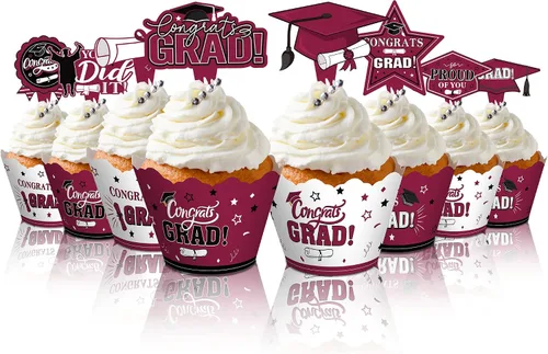 Vista 9 de Lincia 96 piezas 2026 decoraciones para cupcakes de graduación 2026 con púas, suministros de fiesta de graduación y envoltorios para pasteles