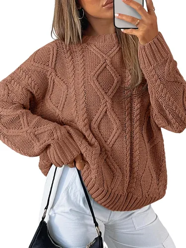 Vista 23 de Trendy Queen Suéteres de punto trenzado de gran tamaño para mujer, trajes Verde militar
