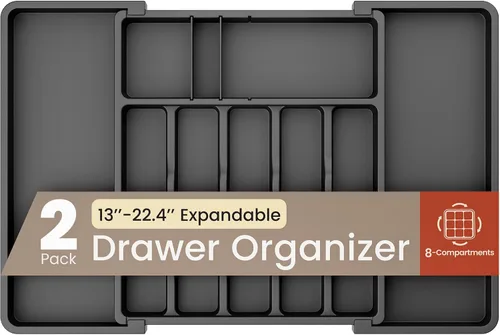 Vista 10 de Organizador de cajones de utensilios expandible negro, 1 paquete, ajustable de 13 a 22.4 pulgadas, organizador de cubiertos de 5 compartimentos