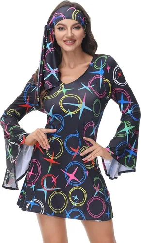Vista 4 de Disfraz de discoteca para mujer, disfraz de discoteca de los años 70, vestido de Gogo, disfraces hippy para mujer