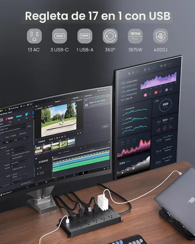 Vista 4 de TROND - Alargador de corriente con enchufe plano giratorio 360°, protector contra sobretensiones, 13 tomas amplias con 3 puertos USB C, 4000 J