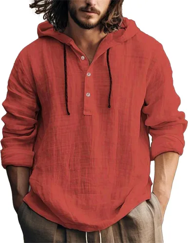 Vista 27 de Camisas de lino para hombre, ligeras, con botones, de manga larga, con capucha, ajuste regular, de algodón, para la playa