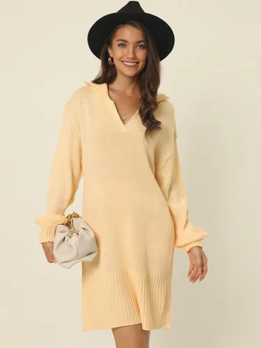 Vista 2 de Mini vestido de punto de punto holgado con cuello en V y dobladillo acanalado para mujer