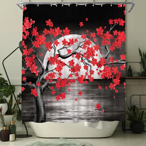 Vista 3 de WELMECO Cortina de ducha negra y roja con luna llena de árbol rojo, cortina de ducha para decoración de baño, tela de poliéster, 72 x 72 pulgadas