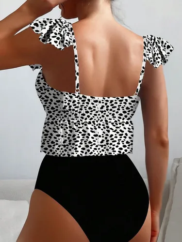 Vista 2 de SOLY HUX Traje de baño de 2 piezas para mujer con ribete de volantes y cintura alta