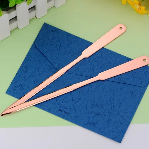 Vista 4 de Outus Paquete de 2 abridores de letras rosados, abridor de sobres dorados, cortadora de acero inoxidable, cuchillo abrecartas de mano, cortadora