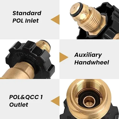 Vista 2 de Latón macizo POL a QCC1/Tipo 1 con llave de ajuste manual, ajuste universal, adaptadores de tanque de propano que se convierte a viejo a nuevo tipo