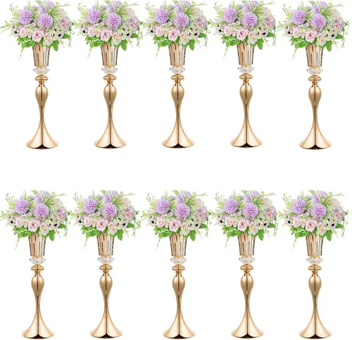 Vista 8 de Jarrones dorados de 22 pulgadas para centros de mesa, 2 jarrones de trompeta altos de metal, centros de mesa de recepción de boda, jarrón de flores