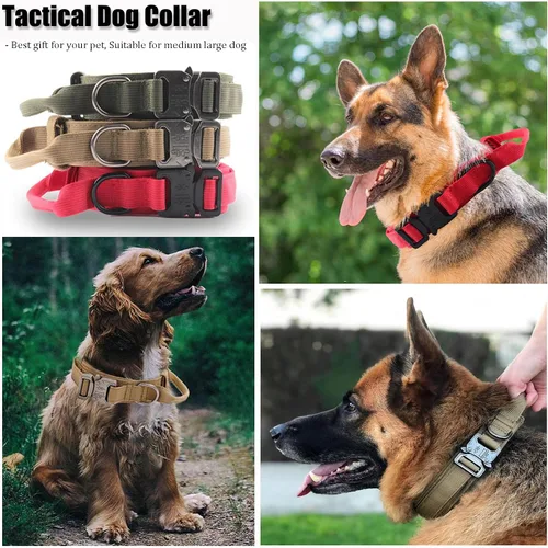 Vista 7 de Collar táctico para perro, collar ajustable de nailon para entrenamiento militar con mango de control y hebilla metálica de liberación rápida pesada