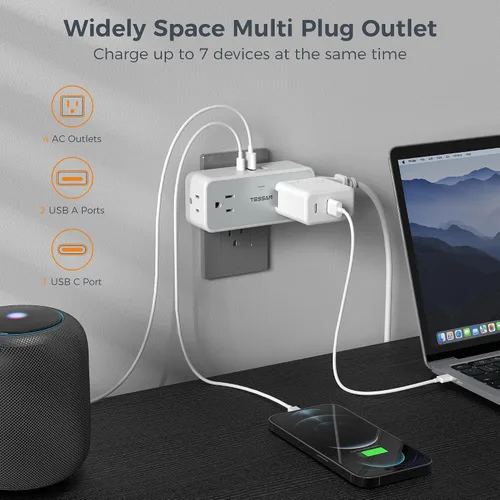 Vista 2 de TESSAN 4 - Divisor de salida de enchufe múltiple, extensor de salida de pared con 3 cargadores de pared USB (1 USB C), protector de sobretensiones