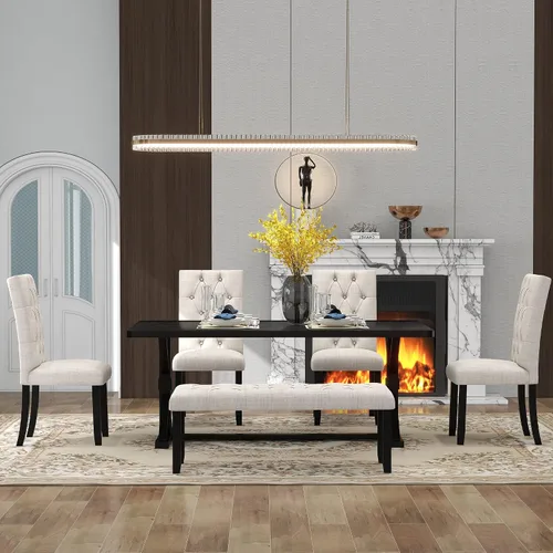 Vista 3 de Juego de mesa de comedor de 6 piezas, juego de comedor de madera con mesa rectangular de madera de 78 pulgadas, 4 sillas tapizadas y banco, juego