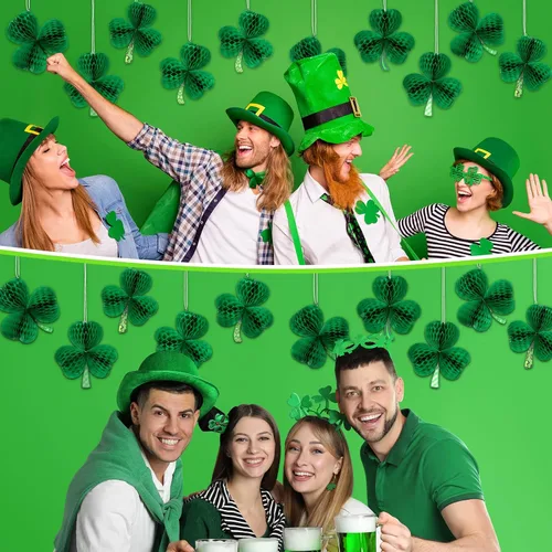 Vista 7 de Karenhi 12 piezas de decoración grande del día de San Patricio de 6.7 pulgadas, adornos de panal de abeja de trébol irlandés 3D, decoración de techo