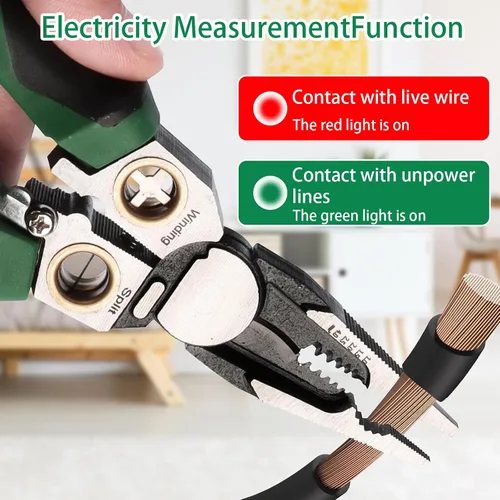 Vista 6 de Máquina peladora de cables 8 en 1, alicates de punta de aguja con probador de voltaje y alarma doble, probador de CA/CC de 12 V-220 V de alta