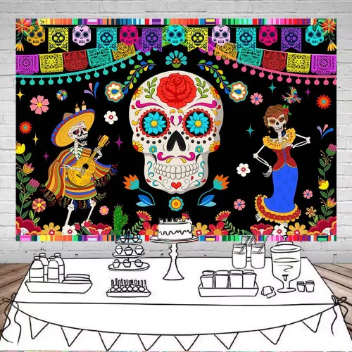Vista 2 de Mocsicka Telón de fondo del Día de los Muertos, decoraciones de fiesta mexicana, calavera de azúcar, Día de Los Muertos, suministros para fiestas