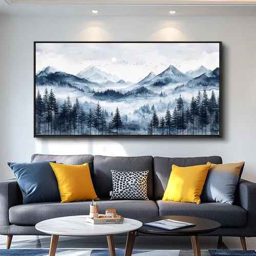 Vista 11 de ERQINHUA Arte de pared para sala de estar, lienzo decorativo de pared para dormitorio, oficina, decoración con árbol azul, paisaje junto al lago
