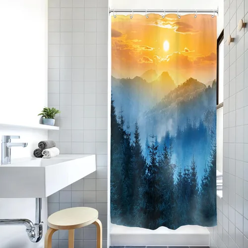 Vista 2 de Riyidecor - Cortina para ducha pequeña de montaña, 36 pulgadas de ancho x 72 pulgadas de alto, para RV, azul marino, con diseño de bosque nebuloso