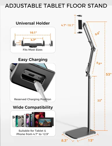 Vista 5 de VOLTIFYMAX Soporte de suelo para tableta, soporte de metal giratorio de 360 grados, soporte ajustable para Kindle, soporte universal para teléfono