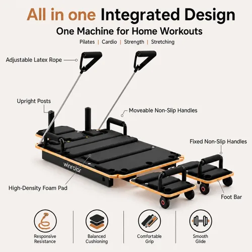 Vista 6 de Wooden Pilates Reformer Machine, Pilates Board with Ball & Bands Black