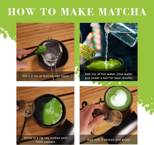 Vista 6 de BambooMN Juego de iniciación de batidor de matcha: cuenco Chawan Matcha, batidor de té, chashaku, cuchara, soporte de matcha y posavasos de bambú