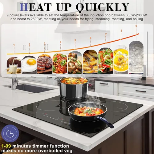 Vista 3 de NOXTON Cocina de inducción de 4 quemadores, estufa de inducción de 24 pulgadas con control táctil deslizante, 9 niveles de potencia, función