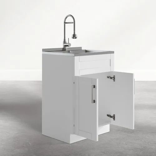 Vista 3 de SIMPLIHOME Hennessy - Lavabo y armario de lavandería de acero inoxidable de 24 pulgadas, color blanco Blanco (Glacier White)