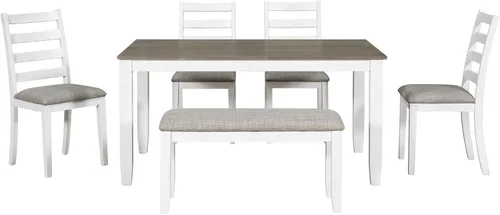 Vista 4 de Harper & Bright Designs Juego de mesa de comedor de granja de 6 piezas con banco, mesa de comedor de madera con 4 sillas y un banco para cocina