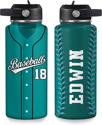 Vista 17 de Hyturtle Botella de agua de béisbol personalizada, botella de acero inoxidable aislada de viaje con tapa a prueba de fugas, 18 onzas, 32 onzas