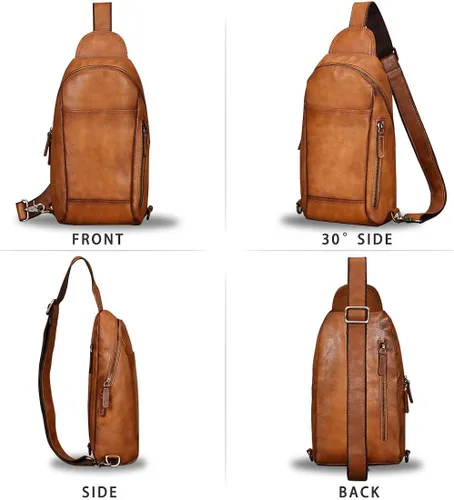 Vista 5 de Mochila bandolera de piel auténtica para hombre, mochila de senderismo, vintage, hecha a mano, con hombros en el pecho, mochila de riñonera