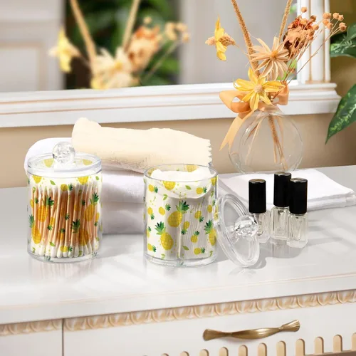 Vista 7 de Paquete de 2 tarros de boticario para baño, verano, piña, Qtip, recipiente de almacenamiento de plástico transparente con tapa para bola de algodón