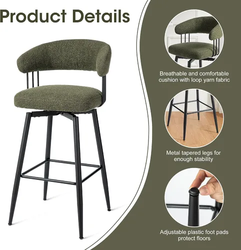 Vista 5 de Glitzhome Juego de 2 taburetes de bar giratorios de 31.5 pulgadas de altura de asiento, modernos taburetes de bar de tela verde cazador de mediados