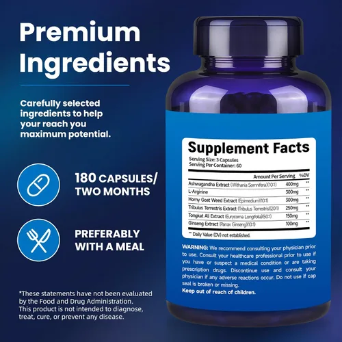 Vista 2 de Potenciador de testosterona para hombres con Ashwagandha, L-Arginina, Tongkat Ali, Tribulus, suplemento natural de testosterona para hombres