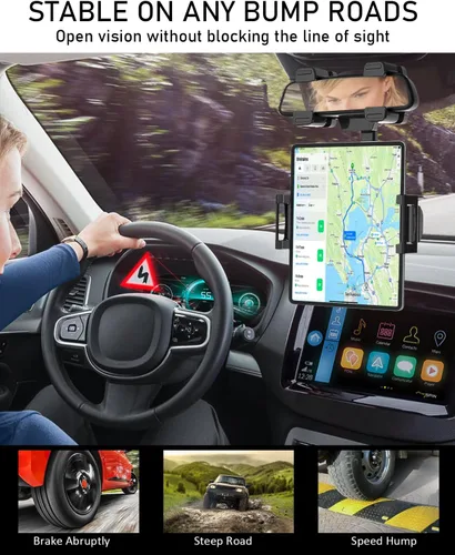 Vista 5 de Soporte para tablet de espejo retrovisor de coche para tabletas y teléfonos de 6 a 15.6 pulgadas Mounts securely to your rearview mirror with a