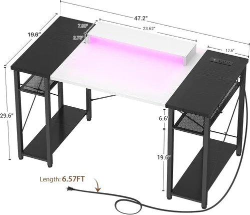 Vista 3 de Armocity Escritorio para computadora con luces LED, escritorio de 48 pulgadas con toma de corriente y USB, escritorio grande reversible con soporte