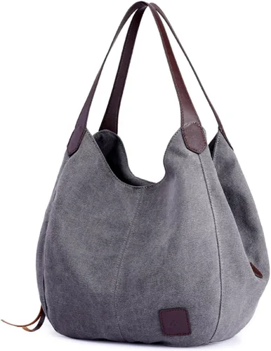 Vista 21 de Dourr Bolso para hombro para mujer, con múltiples bolsillos, bolso de mano moderno de lona de algodón