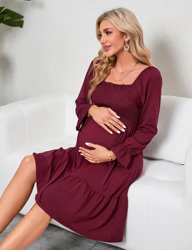 Vista 5 de KOJOOIN Vestido de verano de manga corta con cuello cuadrado para mujer, estilo bohemio, fruncido, con volantes, casual, vestido midi para baby