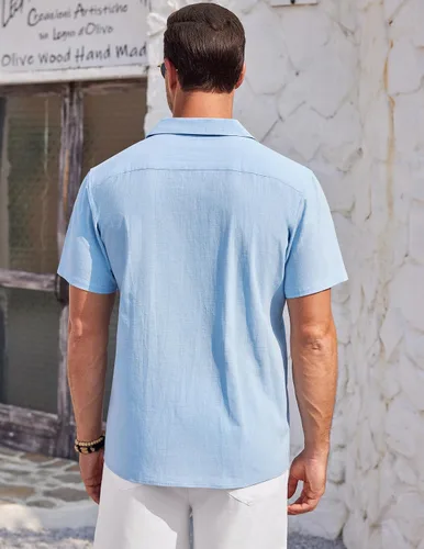 Vista 4 de COOFANDY Camisa casual de lino de algodón para hombre, de manga corta, con botones, para verano y playa
