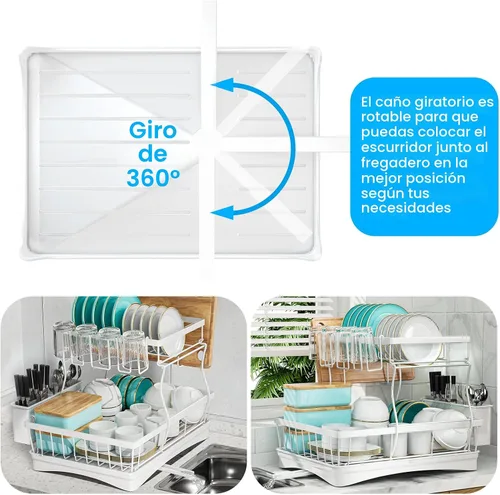 Vista 2 de 7 code - Escurridor grande de platos, escurridor de 2 niveles para mostrador de cocina, organizador desmontable de escurridor de platos de gran