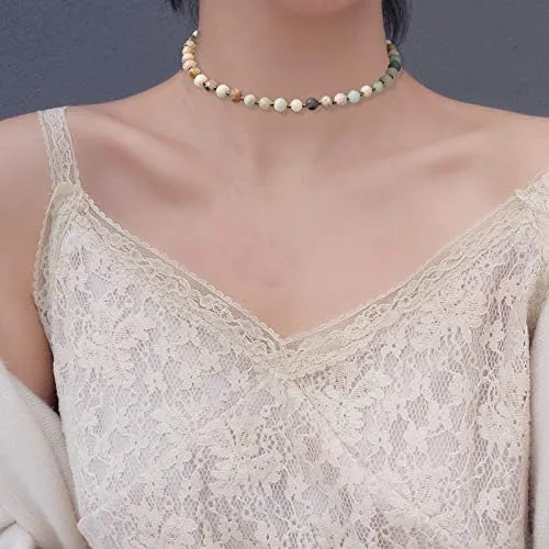 Vista 2 de BALIBALI Gargantilla con cuentas de piedra semipreciosa, chapado en oro de 14 quilates, piedra natural, collar de doble hebra, collares cortos