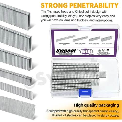 Vista 5 de Swpeet 3625 unidades de 6 tamaños K419 K425 K433 K438 F25 F50 calibre 18 acero galvanizado plateado grapas de corona estrecha aproximadamente 1/4