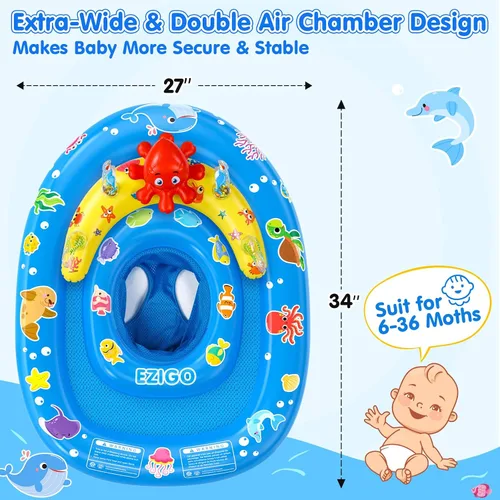 Vista 4 de EZIGO Baby Pool Float with Canopy UPF50+ Sun Protection, Inflatable Kids Pool Floats with Ocean Animal Toys for Baby 6-36 Months, Infant Swimming