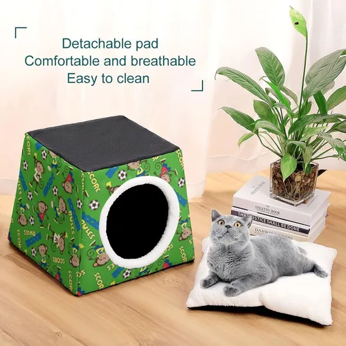 Vista 6 de Cama para gatos y gatos, sofá impreso con almohada pequeña para gatitos, perros pequeños, mono de fútbol
