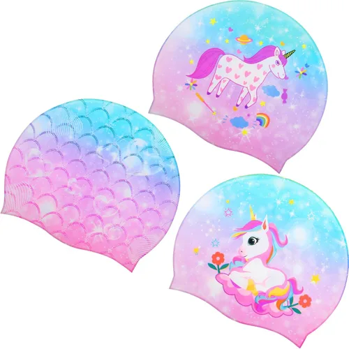 Vista 8 de Syhood Gorras de natación para niños, 3 unidades, impermeables, gorro de natación de dibujos animados para cabello largo y corto, para niños y niñas