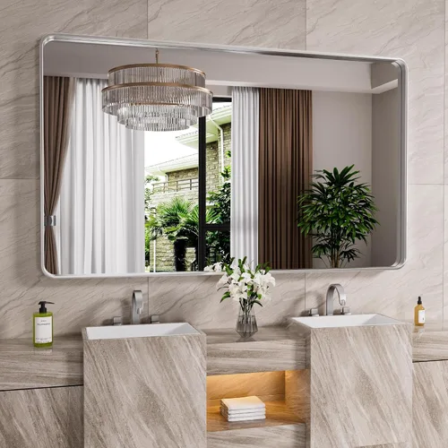 Vista 34 de JISOSO - Espejo de baño negro de 20x30 pulgadas con marco de metal negro, espejo de tocador rectangular redondeado con acabado mate para pared