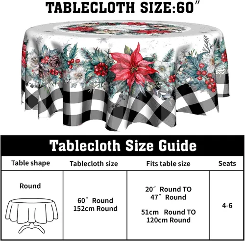 Vista 2 de Mantel de Navidad de Pascua redondo de 60 pulgadas, diseño de copos de nieve de búfalo negro, lavable, resistente a las arrugas, resistente a